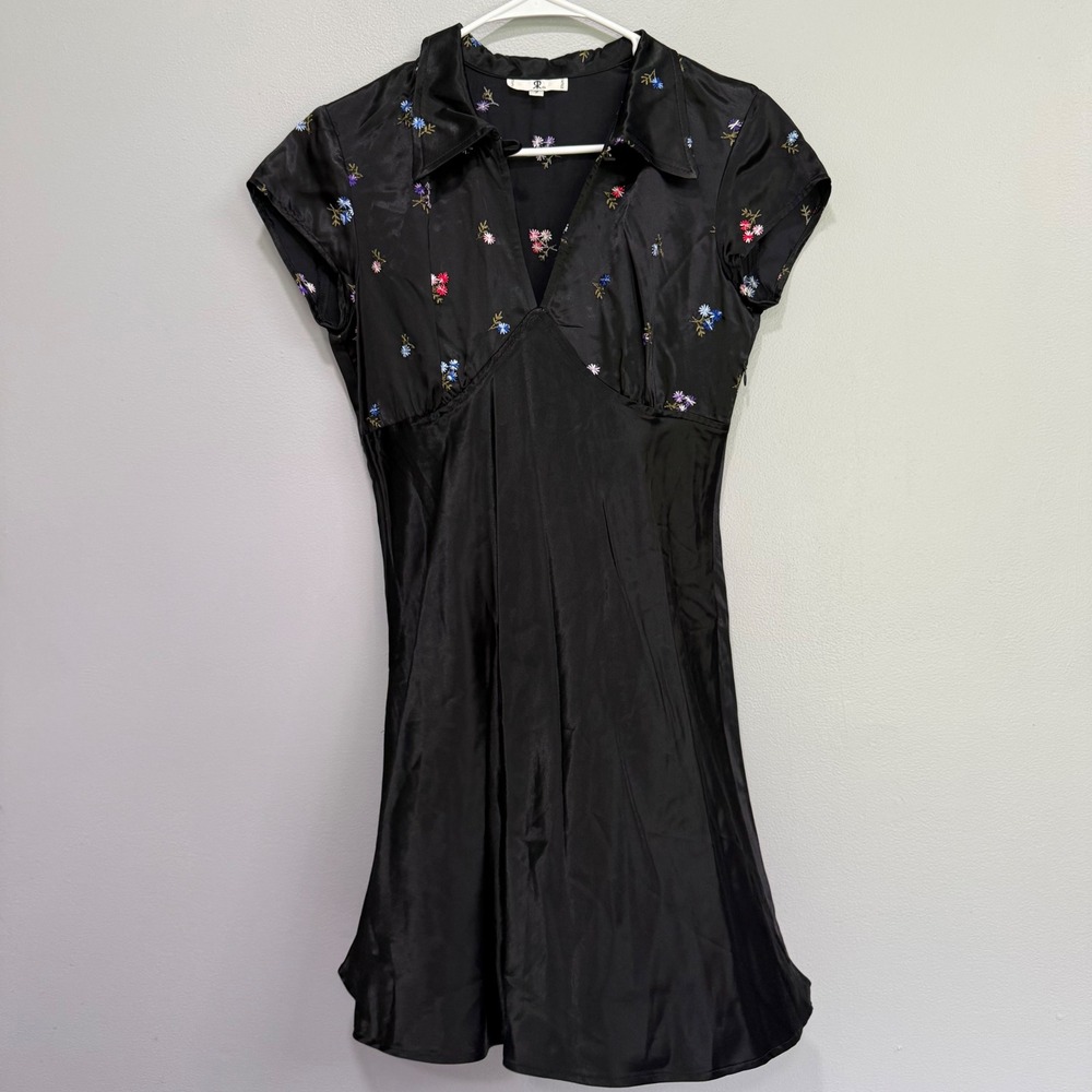 Vintage 90's Rampage Black Satin Embroidered Floral Mini Dress V-Neck Size 7
